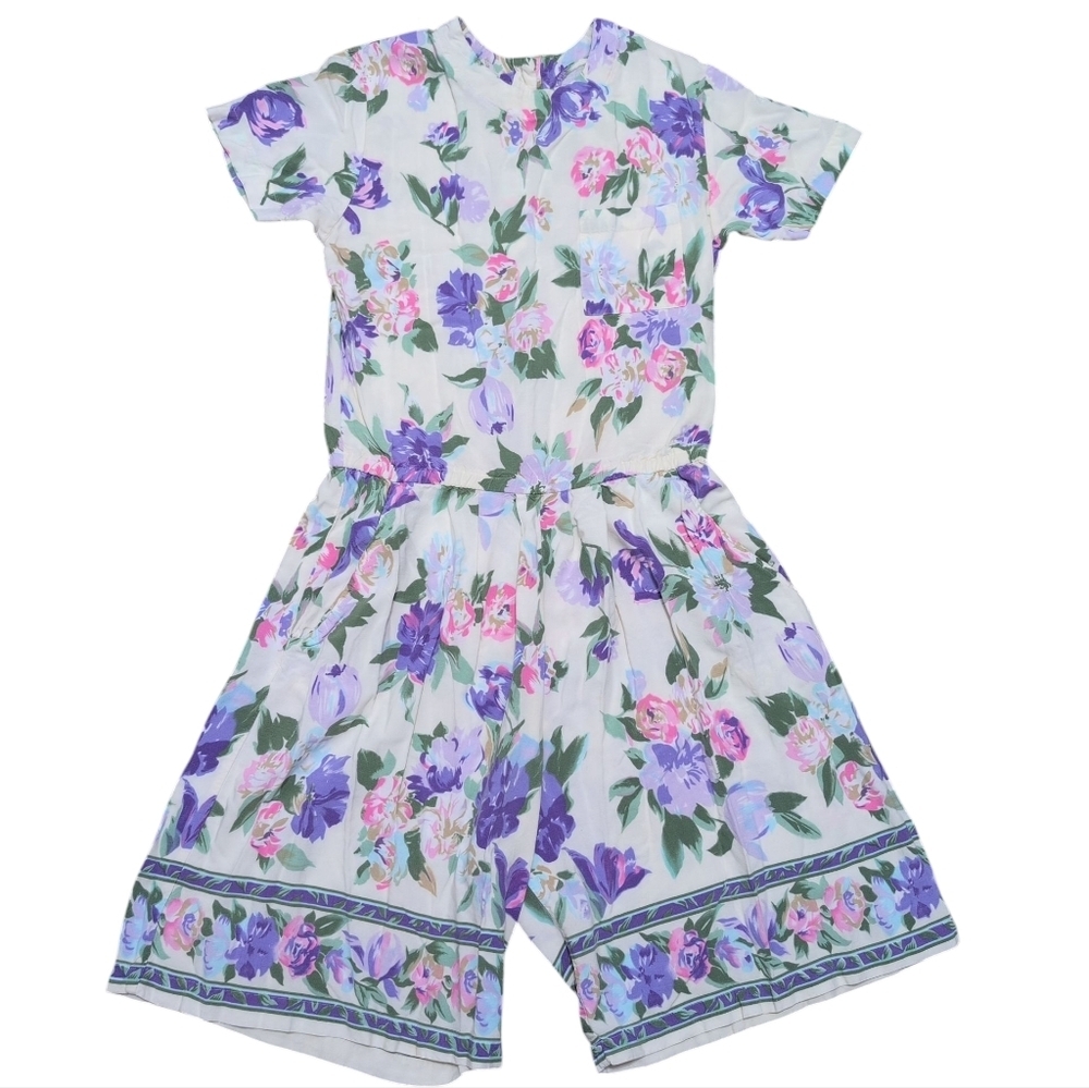 Ellen Ashley Vintage Floral Romper Purple Pink White Rayon Elastic Waist Small